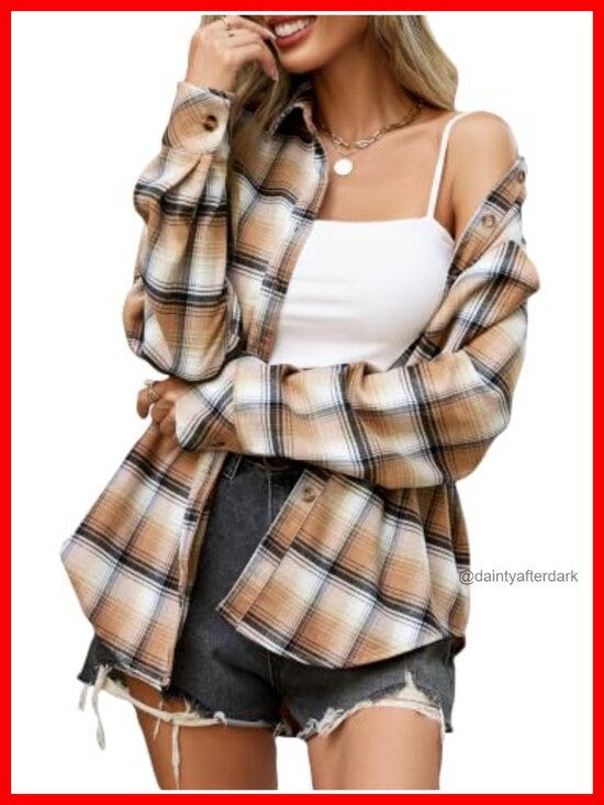 Tops - Women's Thick Flannel Plaid Button Down Shirt Loose Fit Long Sleeve
